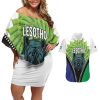 Personalised Lesotho Black Rhinoceros Couples Matching Off Shoulder Short Dress and Hawaiian Shirt With Aloe Polyphylla