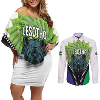 Personalised Lesotho Black Rhinoceros Couples Matching Off Shoulder Short Dress and Long Sleeve Button Shirt With Aloe Polyphylla