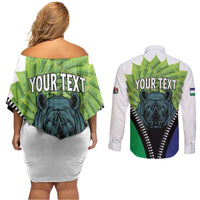 Personalised Lesotho Black Rhinoceros Couples Matching Off Shoulder Short Dress and Long Sleeve Button Shirt With Aloe Polyphylla