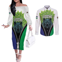 Personalised Lesotho Black Rhinoceros Couples Matching Off The Shoulder Long Sleeve Dress and Long Sleeve Button Shirt With Aloe Polyphylla