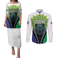 Personalised Lesotho Black Rhinoceros Couples Matching Puletasi and Long Sleeve Button Shirt With Aloe Polyphylla