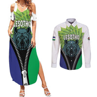 Personalised Lesotho Black Rhinoceros Couples Matching Summer Maxi Dress and Long Sleeve Button Shirt With Aloe Polyphylla