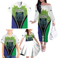 Personalised Lesotho Black Rhinoceros Family Matching Off The Shoulder Long Sleeve Dress and Hawaiian Shirt With Aloe Polyphylla