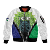 Personalised Lesotho Black Rhinoceros Sleeve Zip Bomber Jacket With Aloe Polyphylla