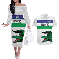 Custom Lesotho Football Couples Matching Off The Shoulder Long Sleeve Dress and Hawaiian Shirt Likuena For Victory