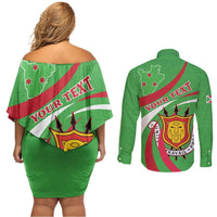 Personalized Burundi Independence Day Couples Matching Off Shoulder Short Dress and Long Sleeve Button Shirt Coat Of Arms With Map