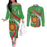 Personalized Burundi Independence Day Couples Matching Off The Shoulder Long Sleeve Dress and Long Sleeve Button Shirt Coat Of Arms With Map