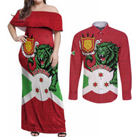 Personalized Burundi Couples Matching Off Shoulder Maxi Dress and Long Sleeve Button Shirt Lion and Coat Of Arms - Flag Style