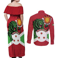 Personalized Burundi Couples Matching Off Shoulder Maxi Dress and Long Sleeve Button Shirt Lion and Coat Of Arms - Flag Style