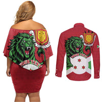 Personalized Burundi Couples Matching Off Shoulder Short Dress and Long Sleeve Button Shirt Lion and Coat Of Arms - Flag Style