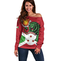 Personalized Burundi Off Shoulder Sweater Lion and Coat Of Arms - Flag Style