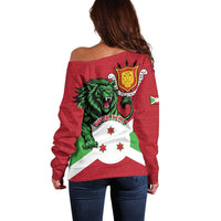 Personalized Burundi Off Shoulder Sweater Lion and Coat Of Arms - Flag Style