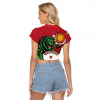 Personalized Burundi Raglan Cropped T Shirt Lion and Coat Of Arms - Flag Style