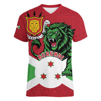 Personalized Burundi Women V-Neck T-Shirt Lion and Coat Of Arms - Flag Style
