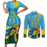Personalized Rwanda Independence Day Couples Matching Short Sleeve Bodycon Dress and Long Sleeve Button Shirt Coat Of Arms Imigongo Pattern