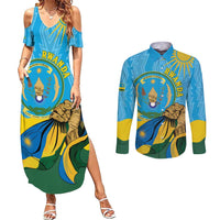 Personalized Rwanda Independence Day Couples Matching Summer Maxi Dress and Long Sleeve Button Shirt Coat Of Arms Imigongo Pattern