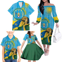 Personalized Rwanda Independence Day Family Matching Off The Shoulder Long Sleeve Dress and Hawaiian Shirt Coat Of Arms Imigongo Pattern