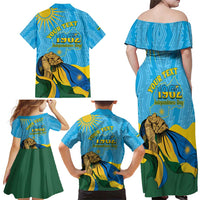 Personalized Rwanda Independence Day Family Matching Off Shoulder Maxi Dress and Hawaiian Shirt Coat Of Arms Imigongo Pattern