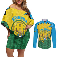 Personalized Rwanda Couples Matching Off Shoulder Short Dress and Long Sleeve Button Shirt Coat Of Arms Imigongo Pattern - Sporty Style