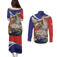 Pura Vida Costa Rica Sloth Couples Matching Puletasi and Long Sleeve Button Shirt Tropical Flowers Flag Color - Wonder Print Shop