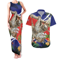 Pura Vida Costa Rica Sloth Couples Matching Tank Maxi Dress and Hawaiian Shirt Tropical Flowers Flag Color - Wonder Print Shop