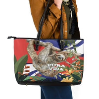 Pura Vida Costa Rica Sloth Leather Tote Bag Tropical Flowers Flag Color - Wonder Print Shop