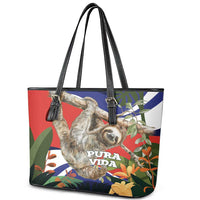 Pura Vida Costa Rica Sloth Leather Tote Bag Tropical Flowers Flag Color - Wonder Print Shop