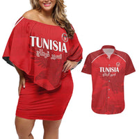 Custom Tunisia Football Couples Matching Off Shoulder Short Dress and Hawaiian Shirt Red Eagles of Carthage - Wonder Print Shop
