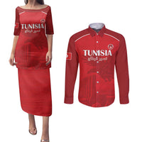 Custom Tunisia Football Couples Matching Puletasi and Long Sleeve Button Shirt Red Eagles of Carthage - Wonder Print Shop