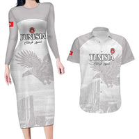 Custom Tunisia Football Couples Matching Long Sleeve Bodycon Dress and Hawaiian Shirt White Eagles of Carthage - Wonder Print Shop