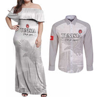 Custom Tunisia Football Couples Matching Off Shoulder Maxi Dress and Long Sleeve Button Shirt White Eagles of Carthage - Wonder Print Shop