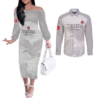 Custom Tunisia Football Couples Matching Off The Shoulder Long Sleeve Dress and Long Sleeve Button Shirt White Eagles of Carthage - Wonder Print Shop