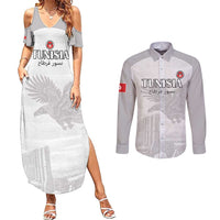 Custom Tunisia Football Couples Matching Summer Maxi Dress and Long Sleeve Button Shirt White Eagles of Carthage - Wonder Print Shop