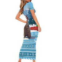 Switzerland Christmas Marmot Family Matching Short Sleeve Bodycon Dress and Hawaiian Shirt Joyeux Noel - Wonder Print Shop