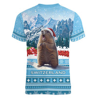 Switzerland Christmas Marmot Women V-Neck T-Shirt Joyeux Noel - Wonder Print Shop