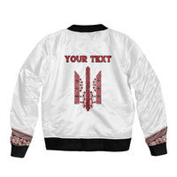 Personalized Ukrainian Trident Bomber Jacket White Tryzub Vyshyvanka Pattern - Wonder Print Shop