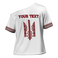 Personalized Ukrainian Trident Cross Shoulder Shirt White Tryzub Vyshyvanka Pattern - Wonder Print Shop