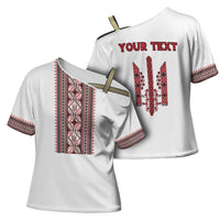 Personalized Ukrainian Trident Cross Shoulder Shirt White Tryzub Vyshyvanka Pattern - Wonder Print Shop