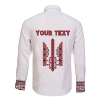 Personalized Ukrainian Trident Long Sleeve Button Shirt White Tryzub Vyshyvanka Pattern - Wonder Print Shop