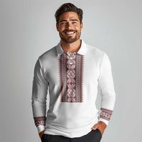 Personalized Ukrainian Trident Long Sleeve Polo Shirt White Tryzub Vyshyvanka Pattern - Wonder Print Shop