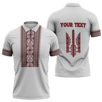 Personalized Ukrainian Trident Zipper Polo Shirt White Tryzub Vyshyvanka Pattern - Wonder Print Shop