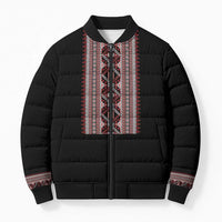 Personalized Ukrainian Trident Bomber Puffer Jacket Black Tryzub Vyshyvanka Pattern - Wonder Print Shop