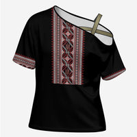 Personalized Ukrainian Trident Cross Shoulder Shirt Black Tryzub Vyshyvanka Pattern - Wonder Print Shop
