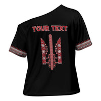 Personalized Ukrainian Trident Cross Shoulder Shirt Black Tryzub Vyshyvanka Pattern - Wonder Print Shop