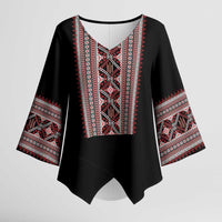 Personalized Ukrainian Trident Kimono Sleeve Blouse Black Tryzub Vyshyvanka Pattern - Wonder Print Shop