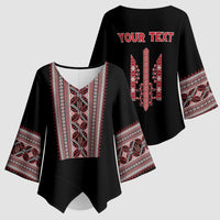 Personalized Ukrainian Trident Kimono Sleeve Blouse Black Tryzub Vyshyvanka Pattern - Wonder Print Shop