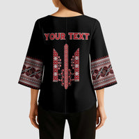 Personalized Ukrainian Trident Kimono Sleeve Blouse Black Tryzub Vyshyvanka Pattern - Wonder Print Shop