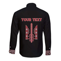 Personalized Ukrainian Trident Long Sleeve Button Shirt Black Tryzub Vyshyvanka Pattern - Wonder Print Shop