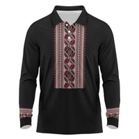 Personalized Ukrainian Trident Long Sleeve Polo Shirt Black Tryzub Vyshyvanka Pattern - Wonder Print Shop