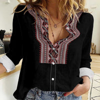 Personalized Ukrainian Trident Women Casual Shirt Black Tryzub Vyshyvanka Pattern - Wonder Print Shop